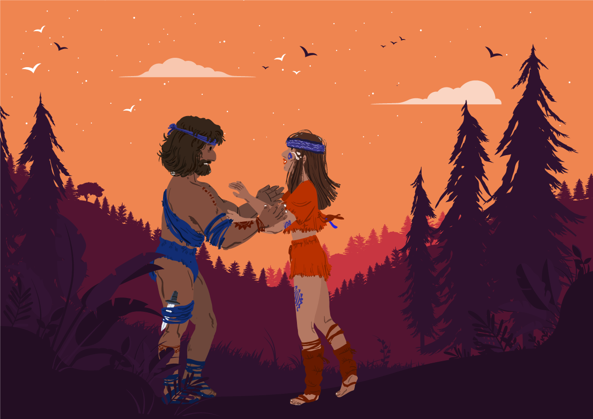 A digital illustration representing the legendary love of Gara and Jonay.